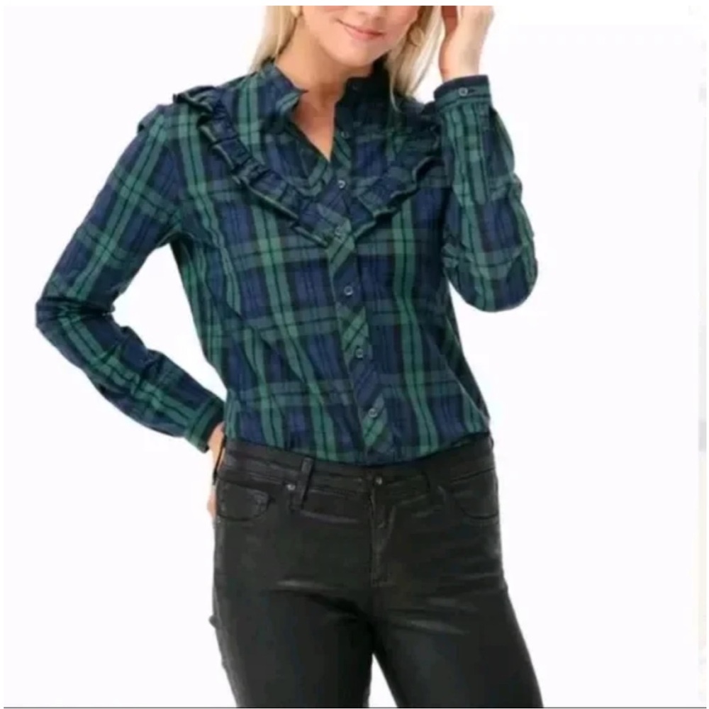 The Shirt by Rochelle Behrens, Ruffle Button Down Blouse, Green Blue Plaid, XS